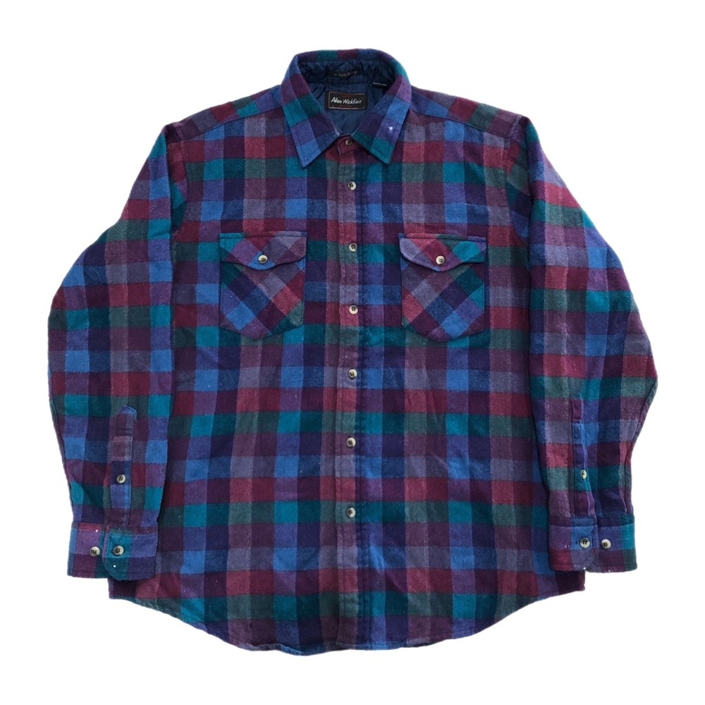 Vintage Allen Wickfield Shirt Mens Large Plaid Wool Flannel Blend Made Korea 80s